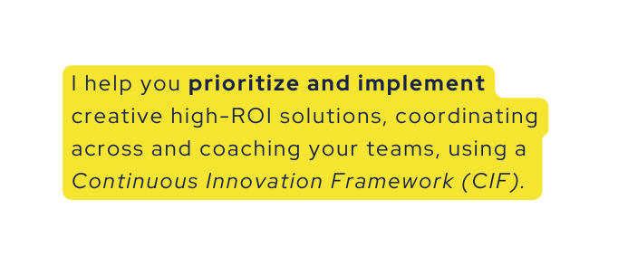 I help you prioritize and implement creative high ROI solutions coordinating across and coaching your teams using a Continuous Innovation Framework CIF